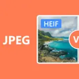 Porównanie rozszerzeń obrazów HEIF i JPEG. Widok krajobrazu podzielony na dwie części, z napisem HEIF po lewej i VS po prawej.
