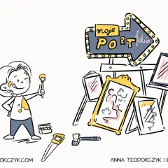 Ilustracja: dziecko z pędzlem i farbą, obok sztalugi z obrazami i neonowy szyld "moje portfolio".