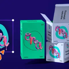 Jak stworzyć logo? Trójwymiarowe, błyszczące logo "Matylda" na tle pudełek z kosmetykami naturalnymi.
