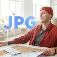 Mężczyzna w czapce i czerwonej koszuli pracuje przy komputerze. Duży napis JPG sugeruje format pliku.
