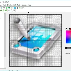Program do tworzenia ikon, gdzie na siatce pikseli powstaje grafika przypominająca tablet z niebieskim ekranem. Widać różne rozmiary ikon do wyboru.