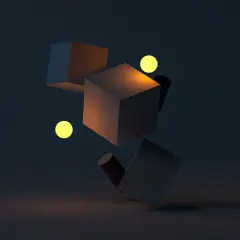 Abstrakcyjny render: unoszące się sześciany i walec w ciemności, oświetlone żółtymi kulami.