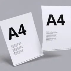 Dwa białe arkusze papieru w formacie **a4** z dużym czarnym napisem "A4" i tekstem.