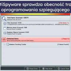 Wyniki skanowania programem SuperAntiSpyware: wykryto 5 elementów, w tym Adware.Tracking Cookie.
