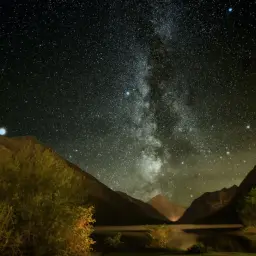 Nocne niebo pełne gwiazd i Drogi Mlecznej nad jeziorem i górami. Piękna astrofotografia.