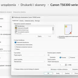 Okno dialogowe "Preferencje drukowania" z zaznaczoną opcją "Drukowanie dwustronne" dla drukarki Canon TS6300.