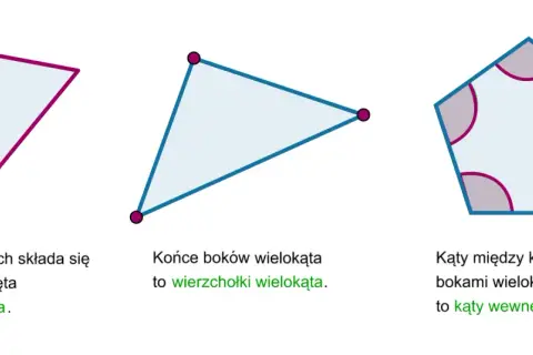 Trzy różne wielokąty: czworokąt, trójkąt i pięciokąt, ilustrujące boki, wierzchołki i kąty wewnętrzne.