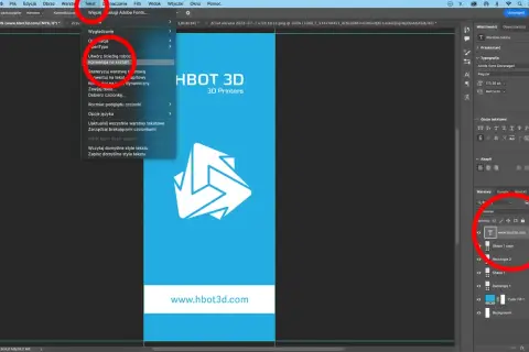 W programie Photoshop, w menu "Tekst" wybrano opcję "Konwersja na kształt", a warstwa tekstowa z adresem www.hbot3d.com jest widoczna w panelu Warstwy.