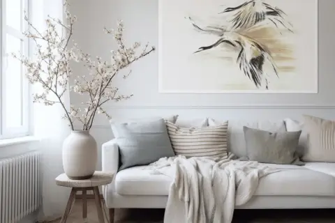 Biała sofa z poduszkami i narzutą, obok wazon z gałązkami kwitnącej wiśni. Na ścianie obraz z żurawiami, gdzie **negative space** podkreśla dynamikę ptaków.