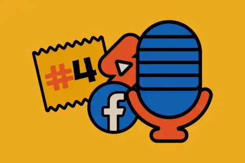 Grafika z numerem 4, ikoną Facebooka i mikrofonem. Idealna do podcastów i mediów społecznościowych, jak Instagram.