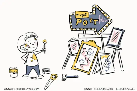 Ilustracja: dziecko z pędzlem i farbą, obok sztalugi z obrazami i neonowy szyld "moje portfolio".