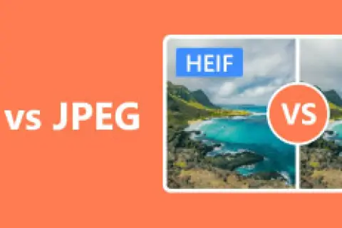 Porównanie rozszerzeń obrazów HEIF i JPEG. Widok krajobrazu podzielony na dwie części, z napisem HEIF po lewej i VS po prawej.