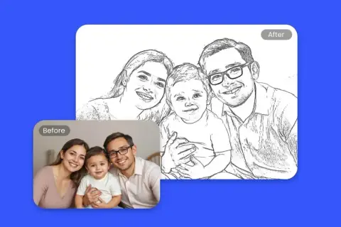Rodzina z dzieckiem na zdjęciu i jego wersja jako line art.