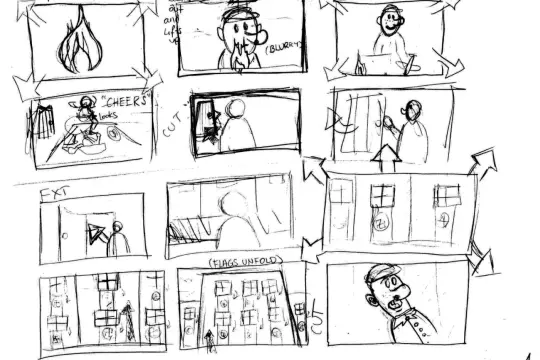 Storyboard z płomieniem, postacią w okularach, domem i flagami. Sekwencja scen do animacji.