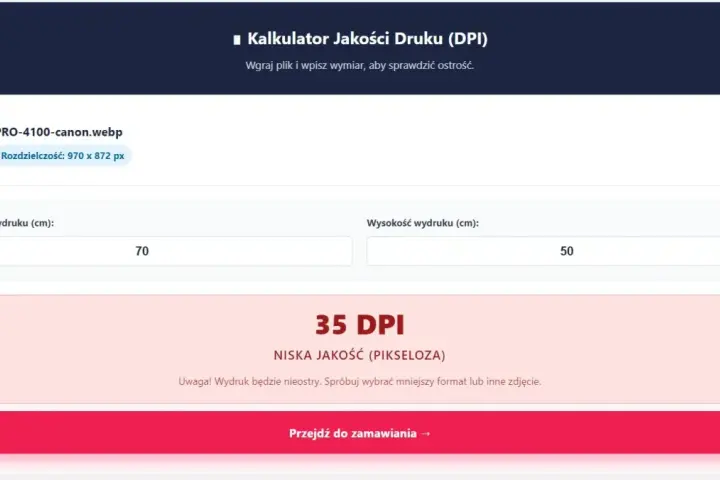 Kalkulator jakości druku (DPI) pokazuje 35 DPI dla wydruku 70x50 cm, co oznacza niską jakość.