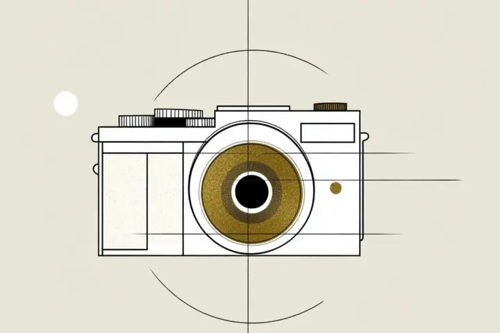 Stylizowana grafika aparatu z złotym obiektywem, symbolizująca kluczowe elementy ekspozycji w fotografii.