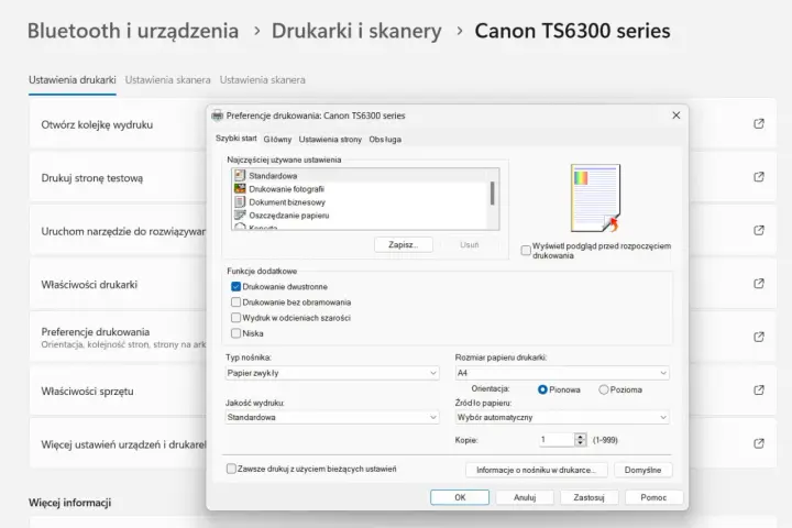 Okno dialogowe "Preferencje drukowania" z zaznaczoną opcją "Drukowanie dwustronne" dla drukarki Canon TS6300.