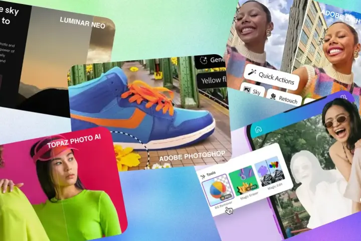 Kolaż prezentujący różne narzędzia edytora zdjęć AI, takie jak Luminar Neo, Adobe Photoshop, Lightroom, Topaz Photo AI i Canva, z funkcjami typu "Quick Actions" i "Magic Edit".