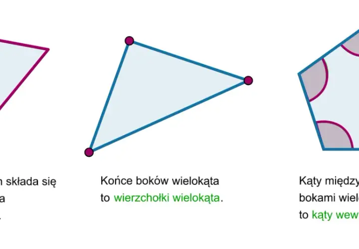 Trzy różne wielokąty: czworokąt, trójkąt i pięciokąt, ilustrujące boki, wierzchołki i kąty wewnętrzne.