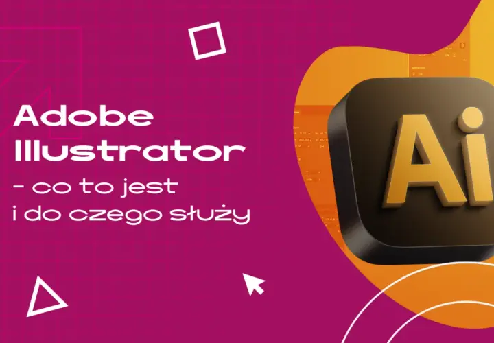 Logo Adobe Illustrator i tekst "Adobe Illustrator - co to jest i do czego służy" na tle z siatką i geometrycznymi kształtami.