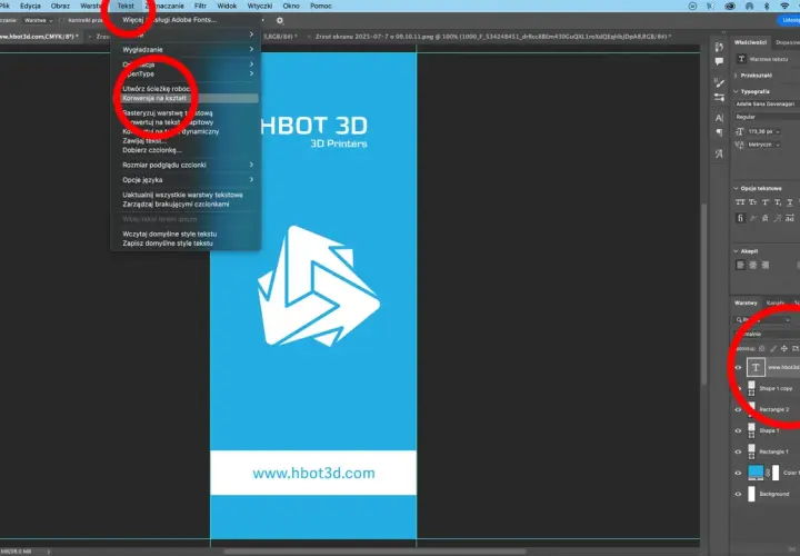 W programie Photoshop, w menu "Tekst" wybrano opcję "Konwersja na kształt", a warstwa tekstowa z adresem www.hbot3d.com jest widoczna w panelu Warstwy.