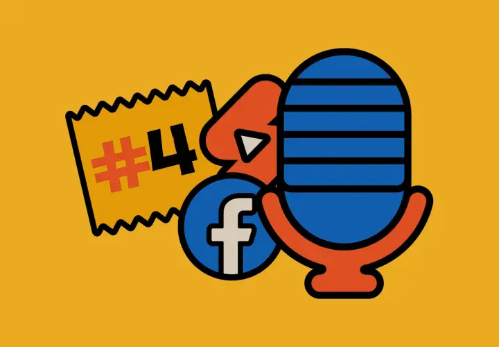 Grafika z numerem 4, ikoną Facebooka i mikrofonem. Idealna do podcastów i mediów społecznościowych, jak Instagram.