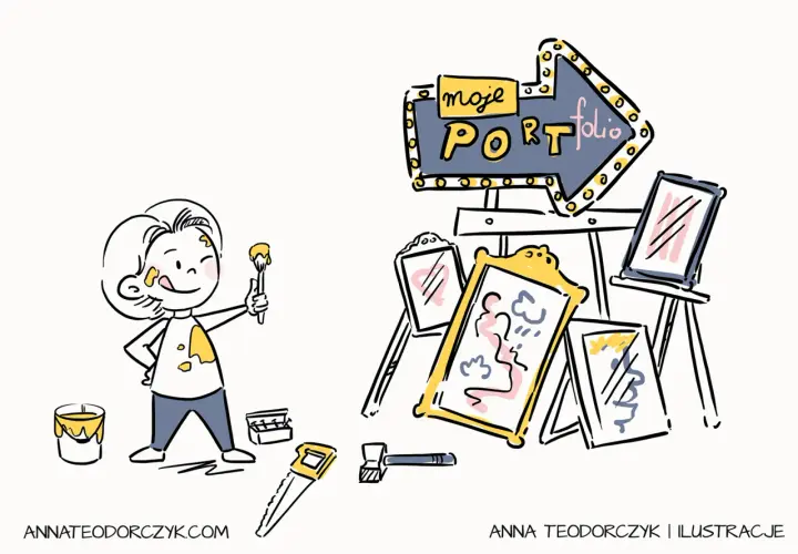 Ilustracja: dziecko z pędzlem i farbą, obok sztalugi z obrazami i neonowy szyld "moje portfolio".