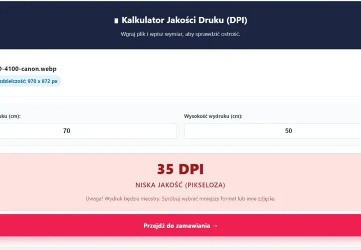 Kalkulator jakości druku (DPI) pokazuje 35 DPI dla wydruku 70x50 cm, co oznacza niską jakość.