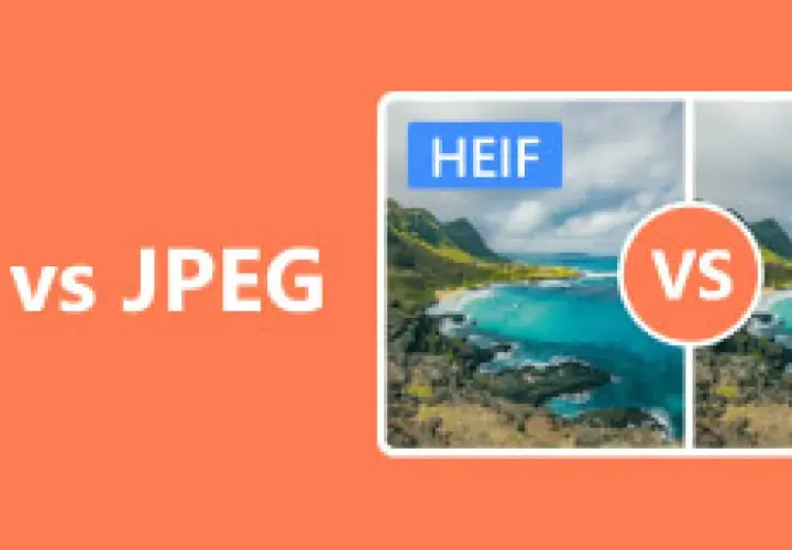 Porównanie rozszerzeń obrazów HEIF i JPEG. Widok krajobrazu podzielony na dwie części, z napisem HEIF po lewej i VS po prawej.