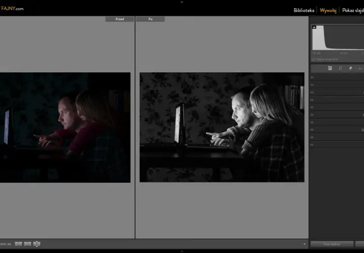 Ojciec i córka patrzą na ekran laptopa. Po lewej zdjęcie przed obróbką, po prawej po.