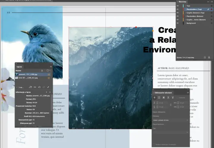 Projekt w **Adobe Design**: ptak na tle gór, z panelami warstw i linków.
