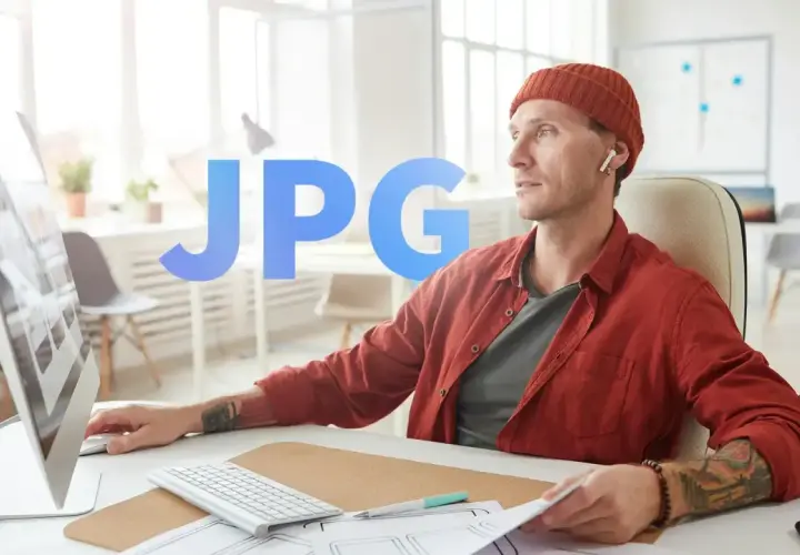 Mężczyzna w czapce i czerwonej koszuli pracuje przy komputerze. Duży napis JPG sugeruje format pliku.