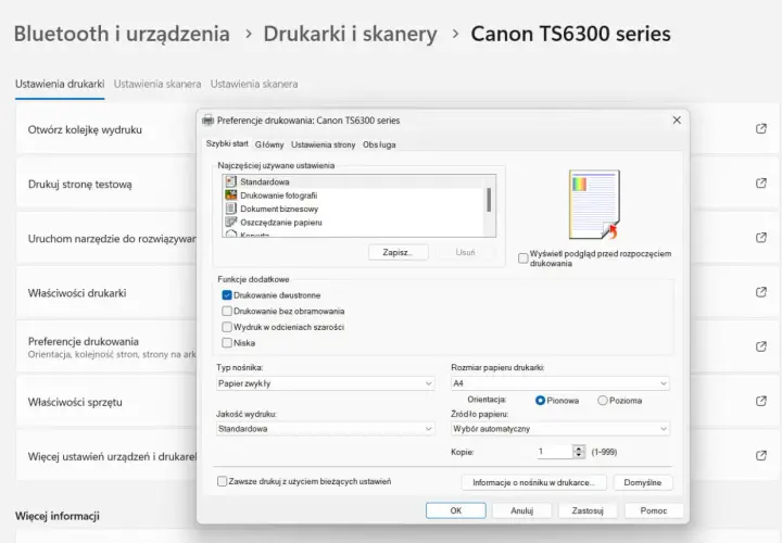 Ustawienia drukarki Canon TS6300 series, zaznaczona opcja drukowanie dwustronne.