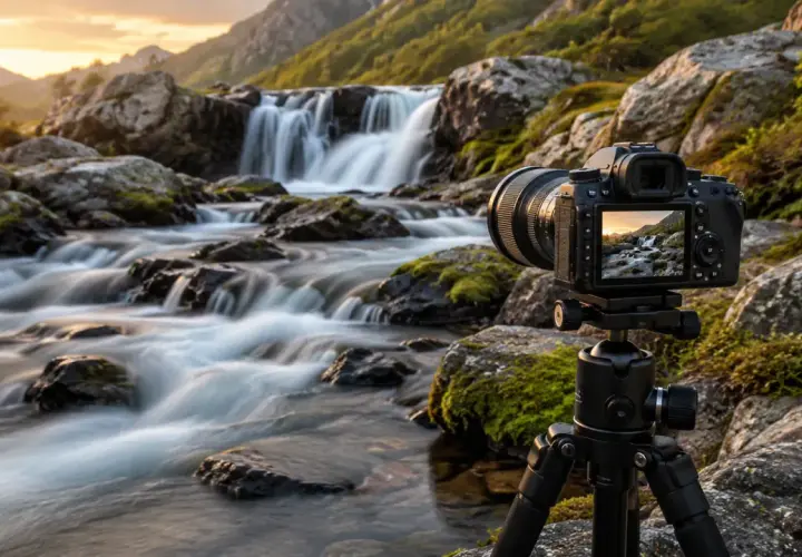 Aparat fotograficzny na statywie uwiecznia górski potok z wodospadem. Słońce tworzy na wodzie piękne, falujące **caustics**.