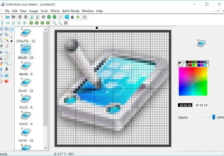 Program do tworzenia ikon, gdzie na siatce pikseli powstaje grafika przypominająca tablet z niebieskim ekranem. Widać różne rozmiary ikon do wyboru.