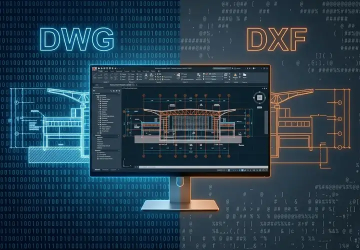 DWG i DXF – formaty plików CAD. Na ekranie monitora widać projekt architektoniczny, a tło tworzy kod binarny i symbole.