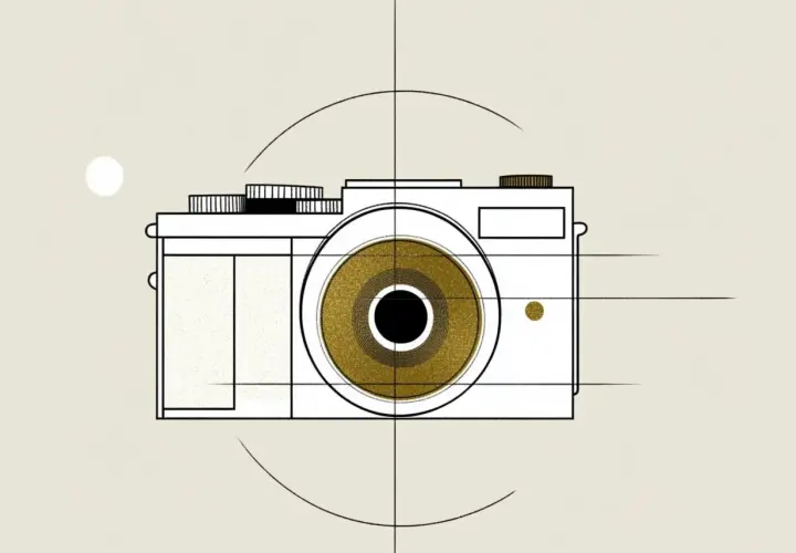 Stylizowana grafika aparatu z złotym obiektywem, symbolizująca kluczowe elementy ekspozycji w fotografii.