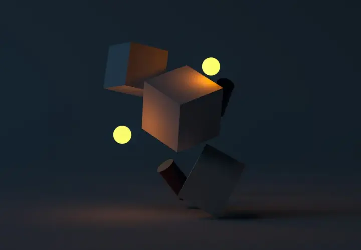 Abstrakcyjny render: unoszące się sześciany i walec w ciemności, oświetlone żółtymi kulami.