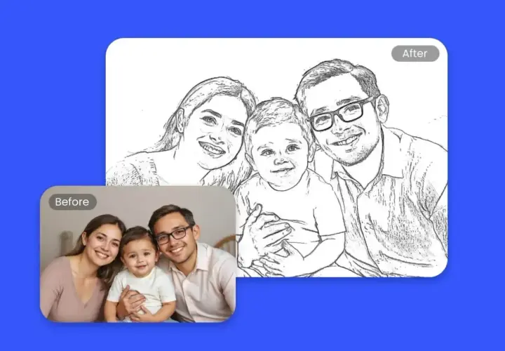 Rodzina z dzieckiem na zdjęciu i jego wersja jako line art.