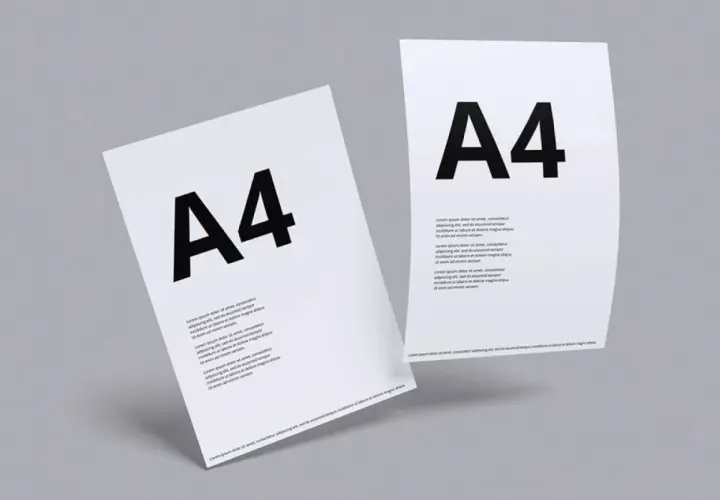Dwa białe arkusze papieru w formacie **a4** z dużym czarnym napisem "A4" i tekstem.