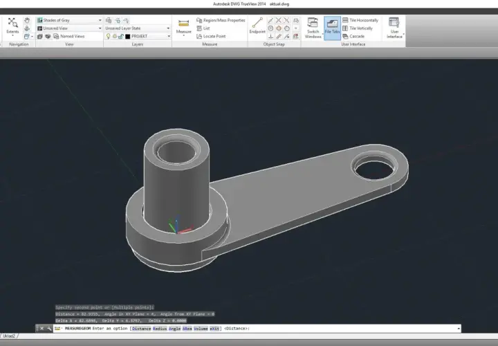 Model 3D elementu mechanicznego w formacie dwg. Widoczny jest cylinder połączony z płaskim ramieniem z otworem.