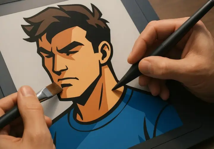 Rysunek postaci z mocnym konturem i charakterystycznym **cell shading**. Dwie ręce tworzą cyfrowy portret, jedna trzyma piórko, druga pędzel.
