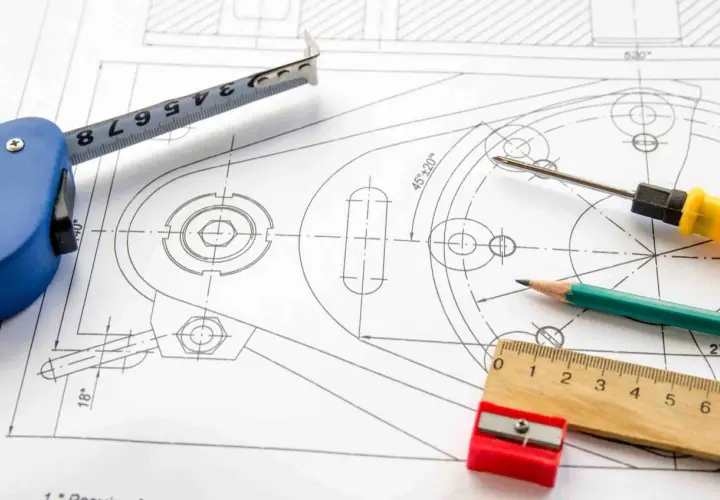 Precyzyjny projekt graficzny z miarką, ołówkiem i śrubokrętem na rysunku technicznym.