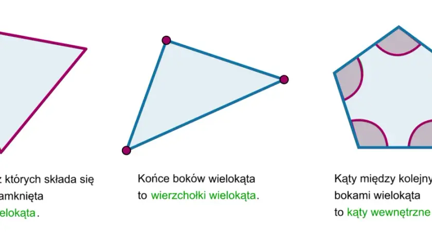 Trzy różne wielokąty: czworokąt, trójkąt i pięciokąt, ilustrujące boki, wierzchołki i kąty wewnętrzne.