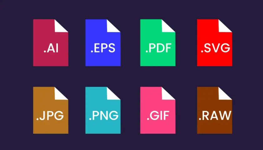 Kolorowe ikony reprezentujące popularne formaty plików graficznych: .AI, .EPS, .PDF, .SVG, .JPG, .PNG, .GIF, .RAW.