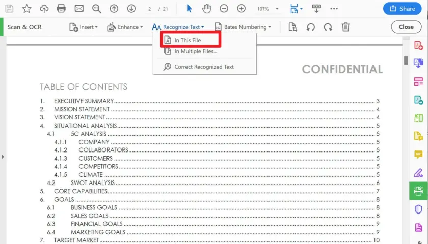 Menu Adobe OCR: opcja "Rozpoznaj tekst w tym pliku" jest podświetlona. Widoczny spis treści dokumentu "marketing-plan_Copy.pdf".