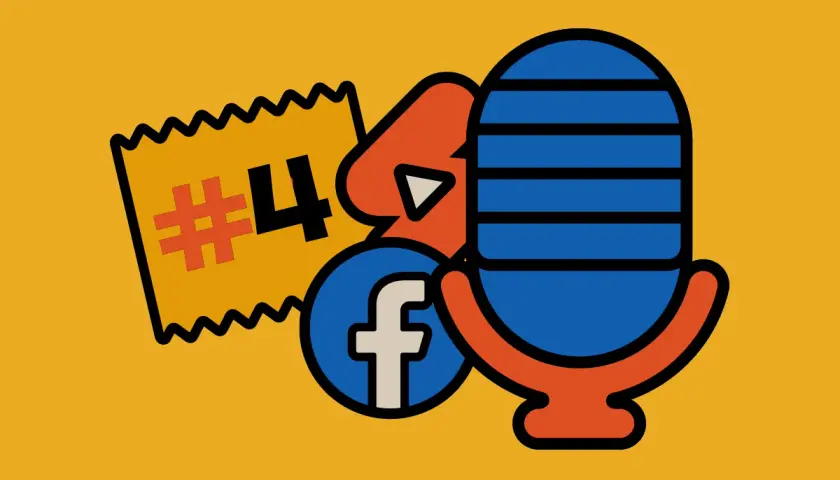 Grafika z numerem 4, ikoną Facebooka i mikrofonem. Idealna do podcastów i mediów społecznościowych, jak Instagram.
