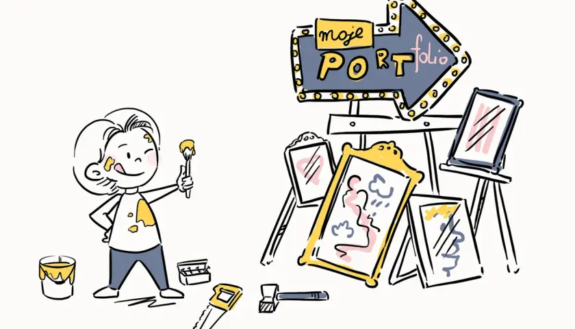 Ilustracja: dziecko z pędzlem i farbą, obok sztalugi z obrazami i neonowy szyld "moje portfolio".