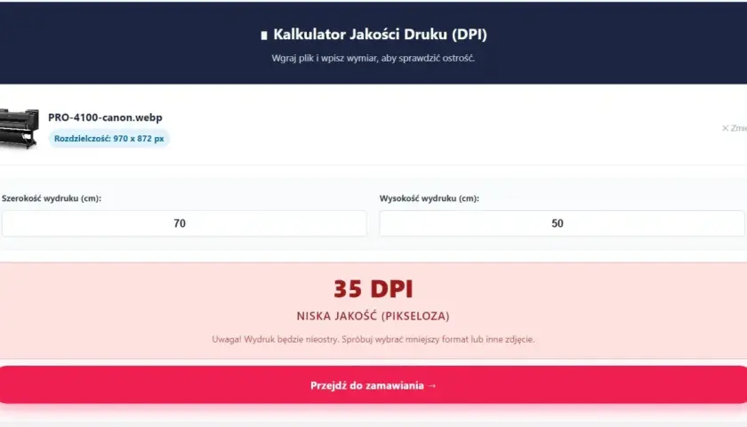 Kalkulator jakości druku (DPI) pokazuje 35 DPI dla wydruku 70x50 cm, co oznacza niską jakość.
