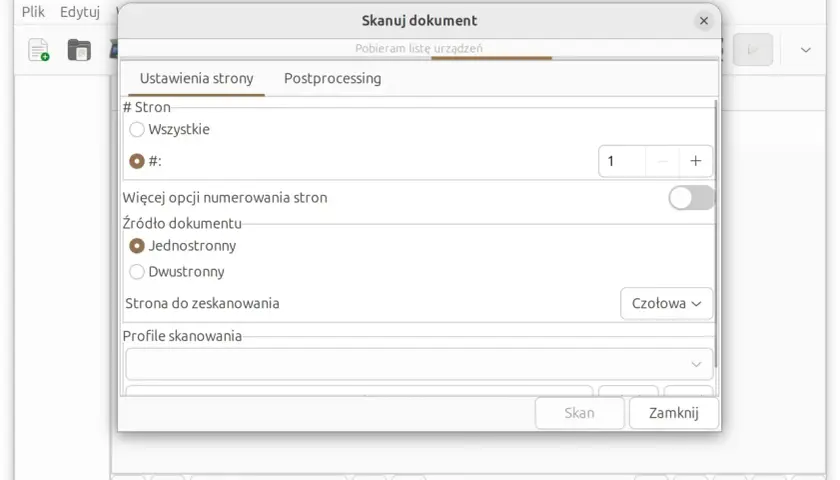 Okno programu gscan2pdf z ustawieniami skanowania dokumentu. Widoczne opcje numeracji stron, źródła dokumentu (jednostronny/dwustronny) i profilu skanowania. Program obsługuje OCR.